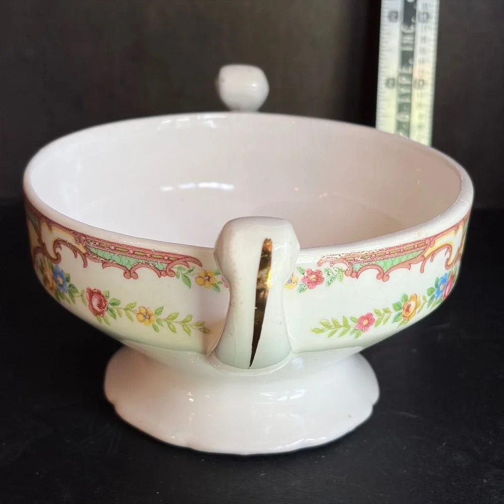 Antique Floral Porcelain Lidded Sugar Bowl Gold Gilt Trim Footed Tea Server